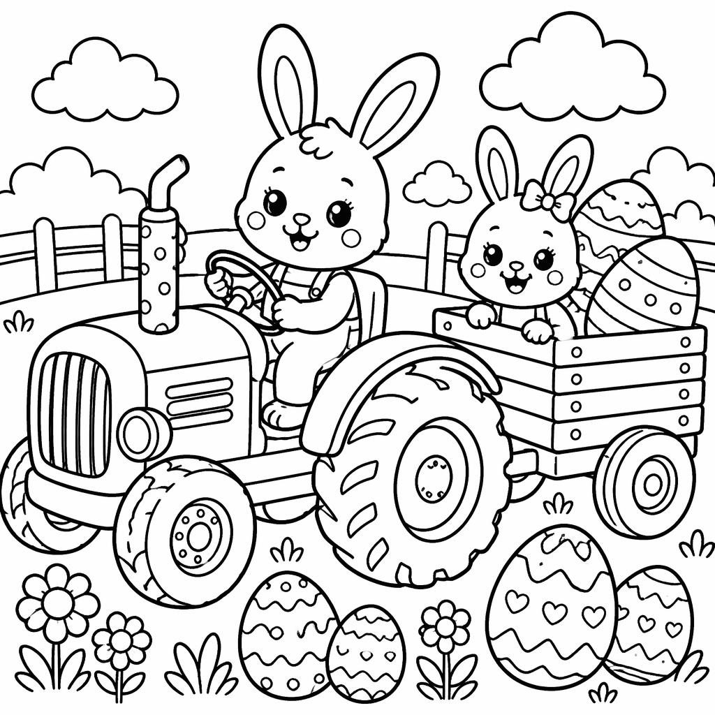Schwarz-weiße Ausmalseite mit Oster-Eiern und Hasenkindern im Zentangle-Stil, klare Konturen auf weißem Hintergrund.