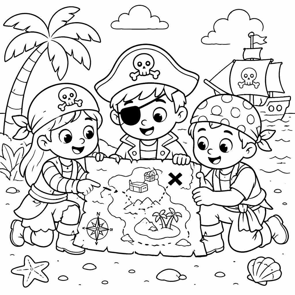 Schwarz-weiße Ausmalseite mit niedlichen Piratenkindern und Schatzkarte im einfachen Cartoon-Linienstil.