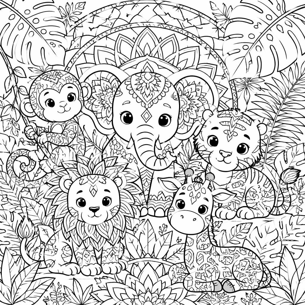 Black-and-white coloring page with kid-friendly jungle animals in a detailed mandala geometric line-art style.