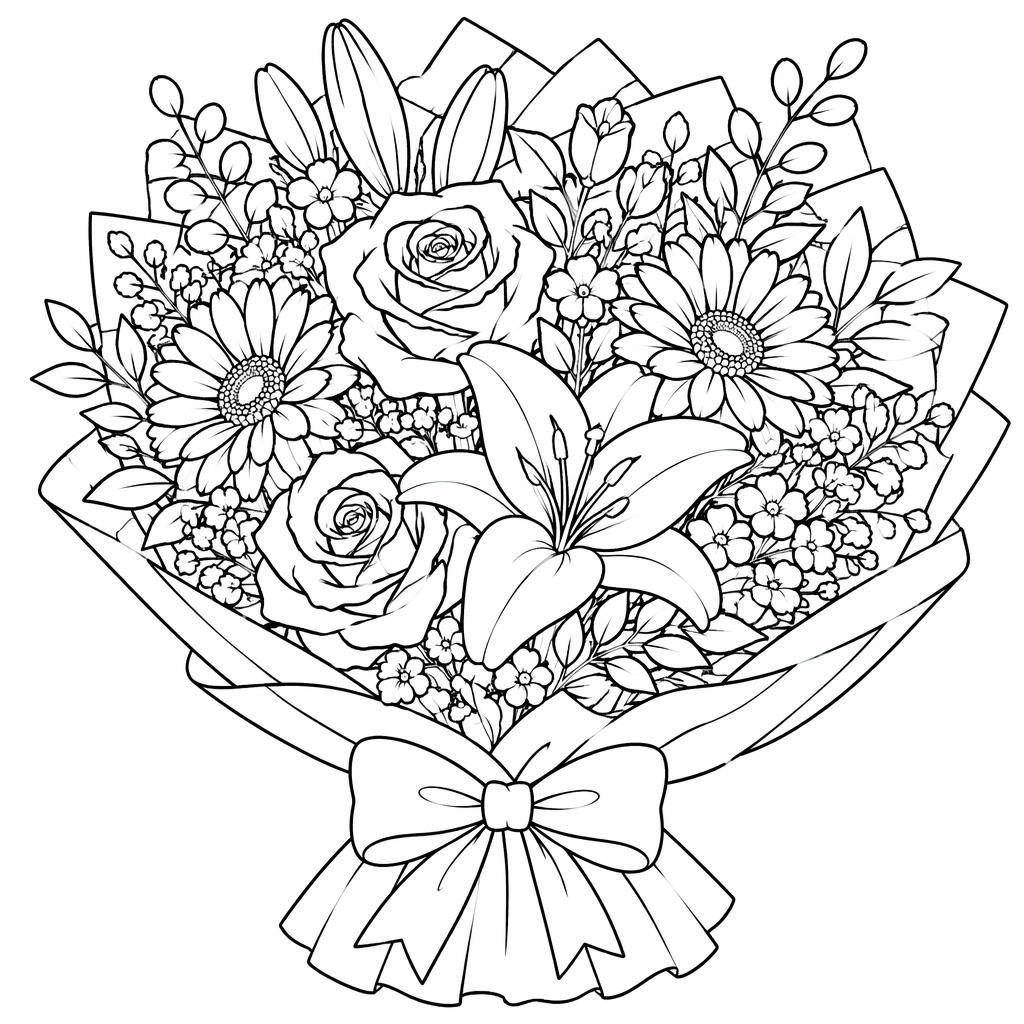 Black-and-white coloring page of a cute cartoon flower bouquet with simple outlined blooms and leaves on white background.