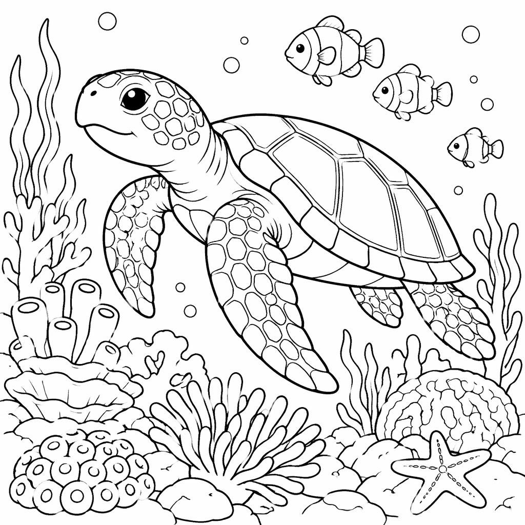 Black-and-white line art of an adult sea turtle swimming over a reef in a cute cartoon coloring page style.
