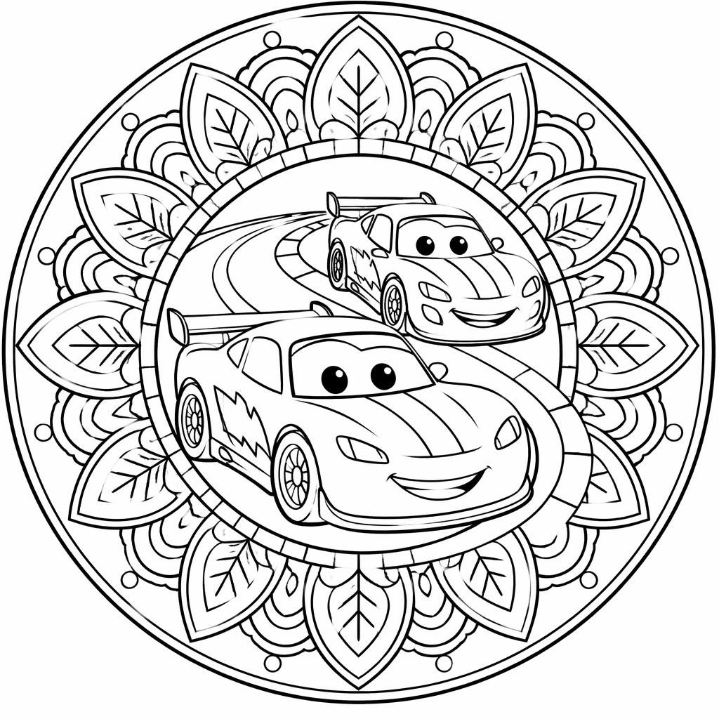 Illustration noir et blanc de voitures de course pour enfants, en line art simple avec détails botaniques.