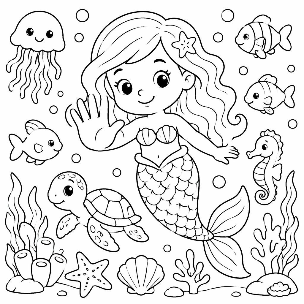 Ilustración para colorear en blanco y negro de una sirena infantil bajo el mar, con estilo tierno y contornos limpios.