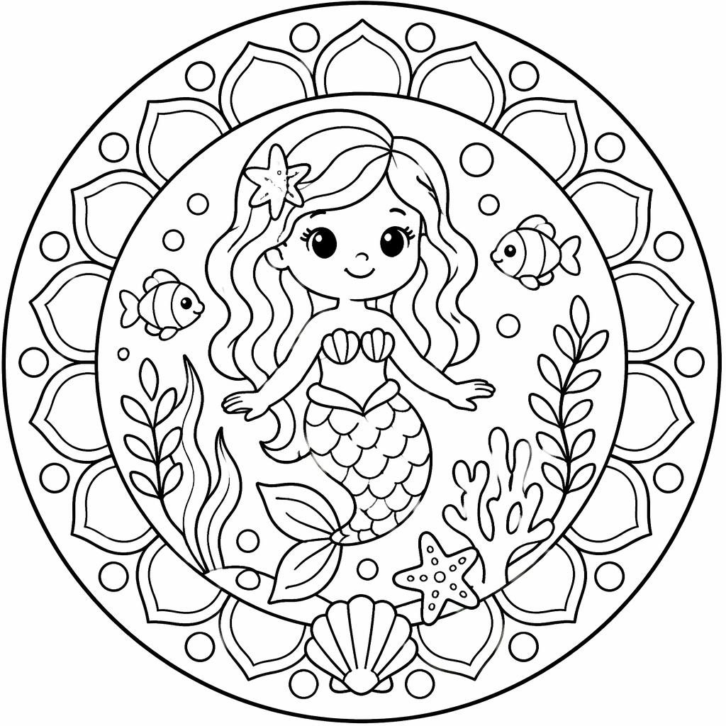 Ilustración para colorear en blanco y negro de una sirena bajo el mar con elementos marinos simples para niños