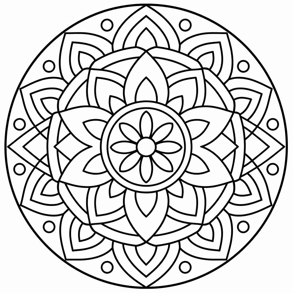Black-and-white mandala geometric adult coloring page with chunky outlines, simple details, and closed printable shapes.
