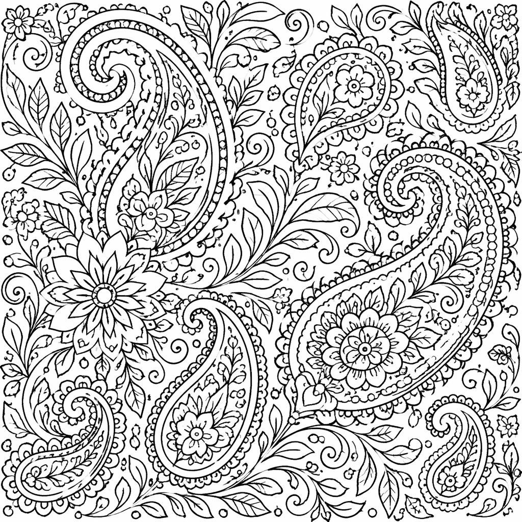 Illustration à colorier en noir et blanc avec motifs paisley botaniques très détaillés, contours nets sur fond blanc.