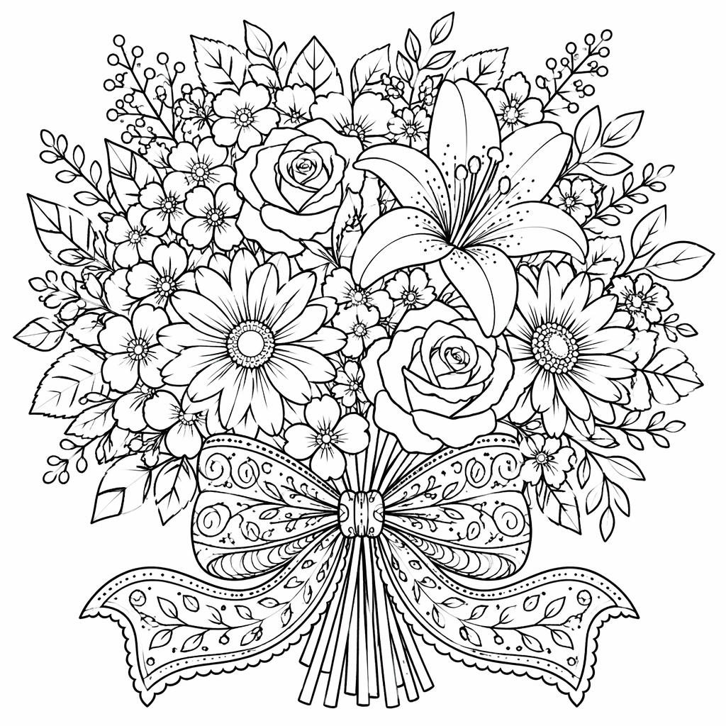 Ilustración para colorear en blanco y negro de un ramo de flores detallado con moños, estilo zentangle.