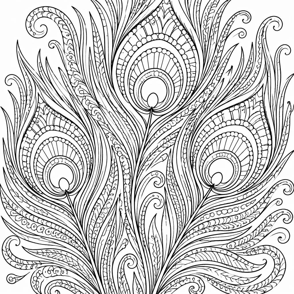 Ilustración en blanco y negro de plumas de pavo real con trazos detallados, estilo zentangle, para colorear.