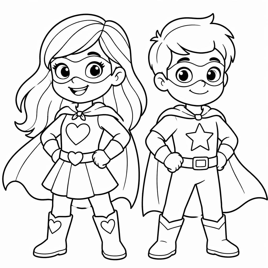Ilustración para colorear en blanco y negro de niños superhéroes estilo caricatura, con contornos limpios y fondo blanco.