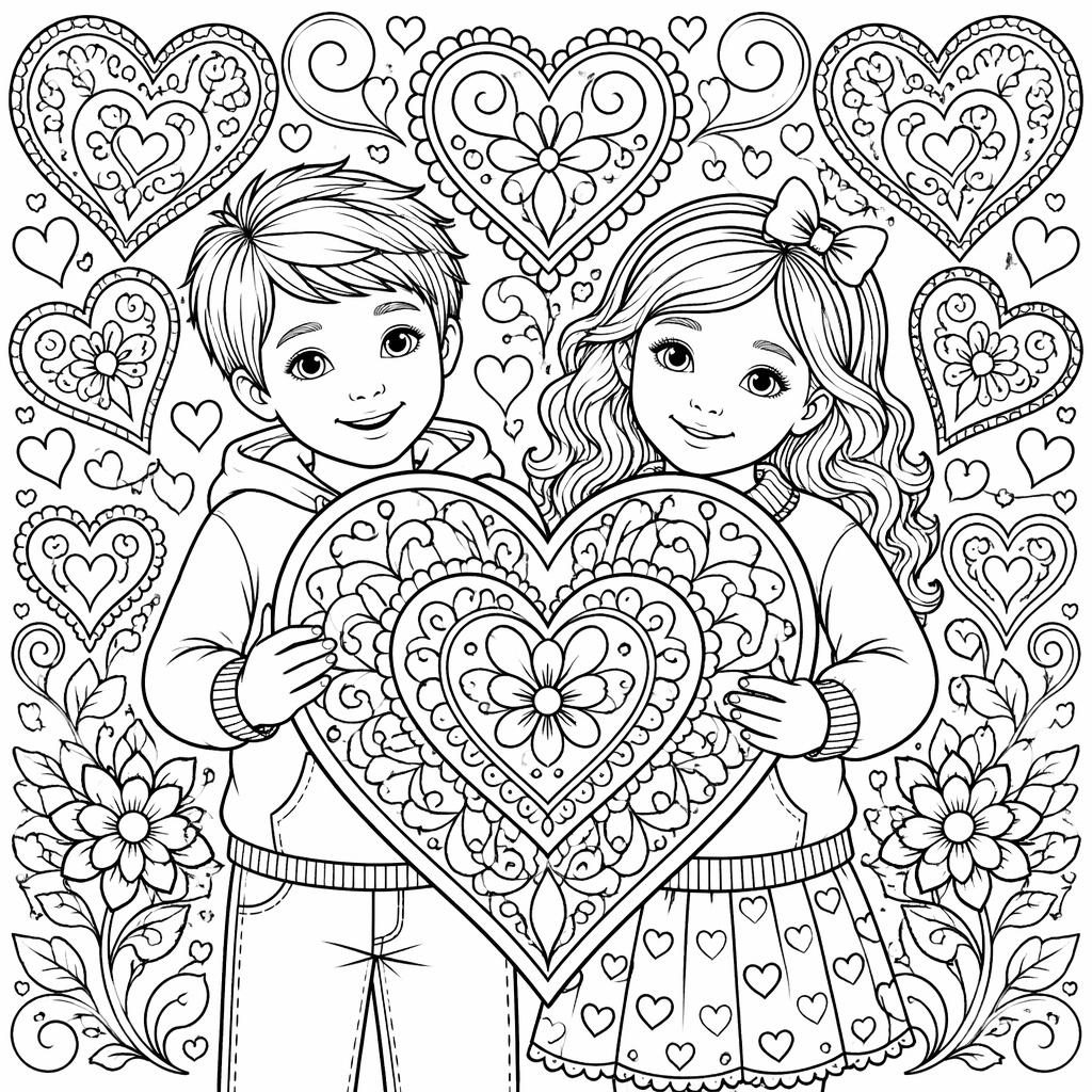Schwarz-weißes Ausmalbild mit vielen Valentinsherzen für Kinder, detailreiche Linien, sauber und druckbereit.