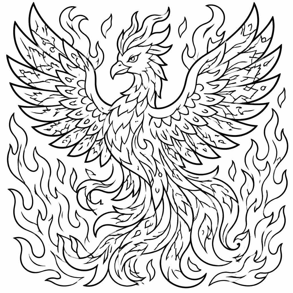 Schwarz-weiße Ausmalbild-Illustration eines erwachsenen Phönix mit Flammen in dicken, einfachen Linien.