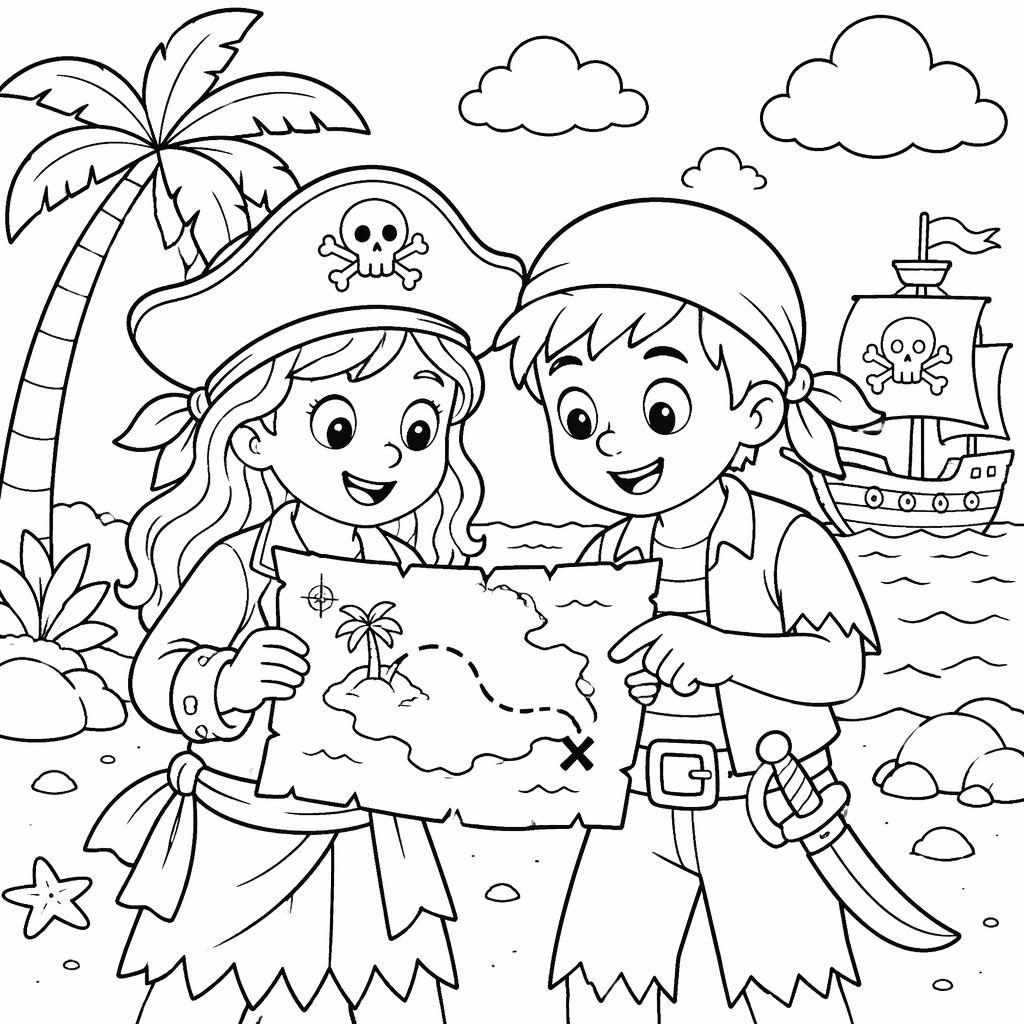 Ilustración en blanco y negro de niños piratas con un mapa del tesoro, estilo libro para colorear, líneas limpias.