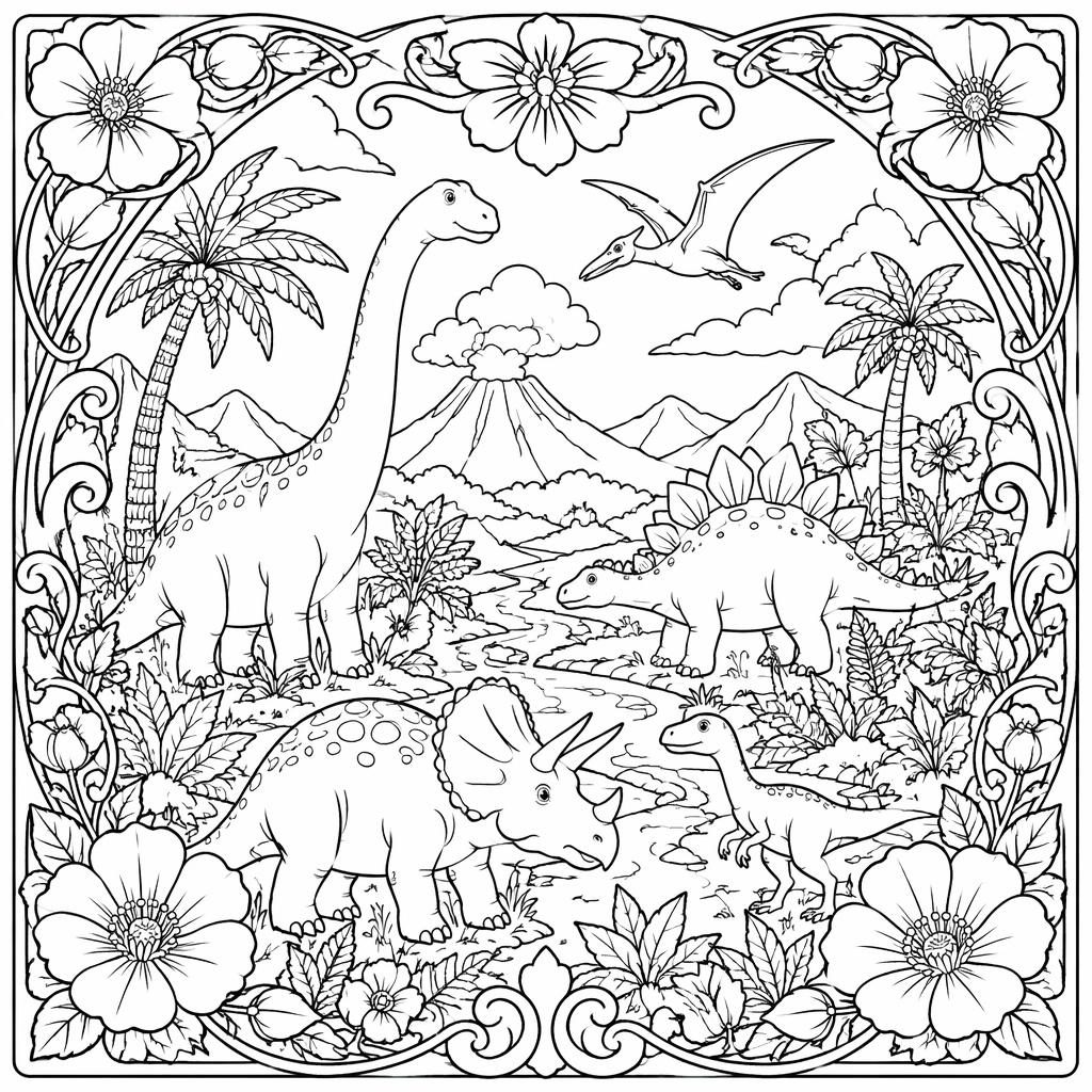 Black-and-white coloring page with kid-friendly dinosaur scenes and floral Art Nouveau line art on a white background.