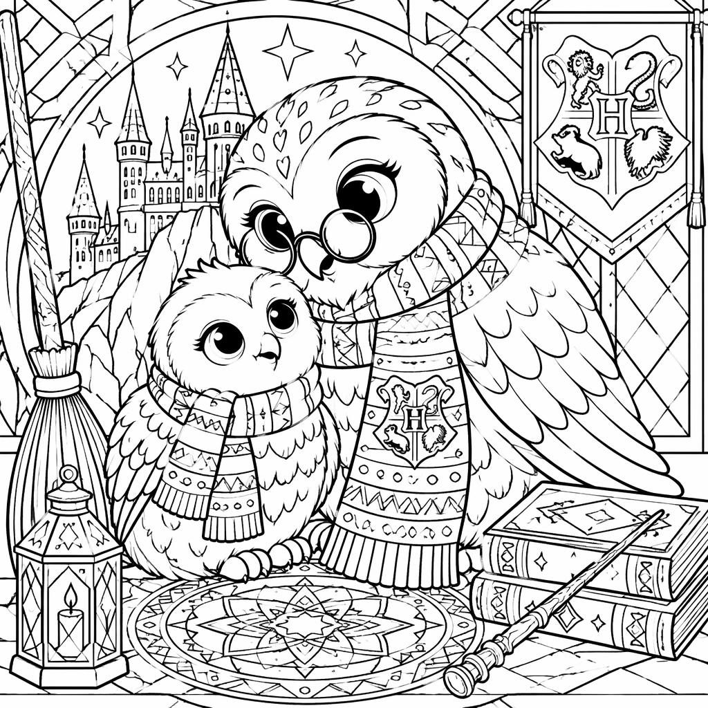 Black-and-white coloring page with mother and baby animals in a detailed mandala-style line art design.