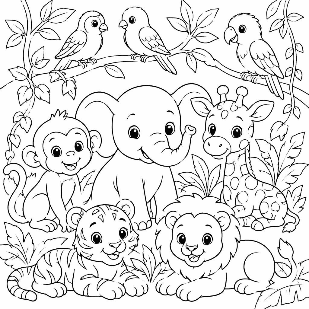 Página para colorear en blanco y negro con pajaritos y animales de la selva para niños, en estilo lineal detallado.