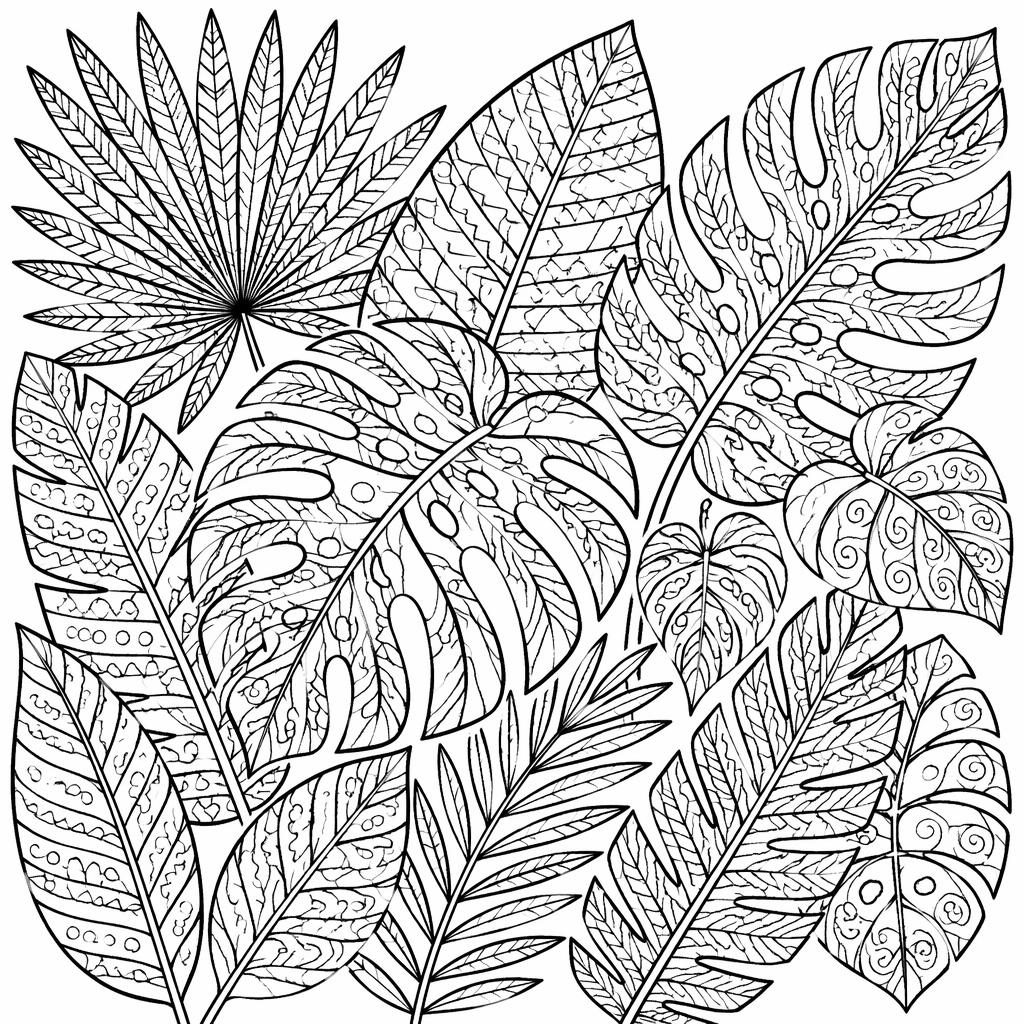 Schwarz-weiße Ausmalseite mit tropischen Blättern im Zentangle-Stil, klare Konturen, detailreich und ohne Schattierung.
