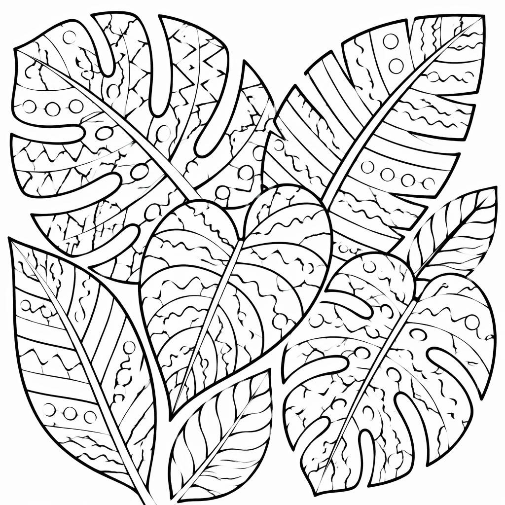Black-and-white coloring page with simple tropical leaves in a zentangle doodle style, bold outlines on white background.