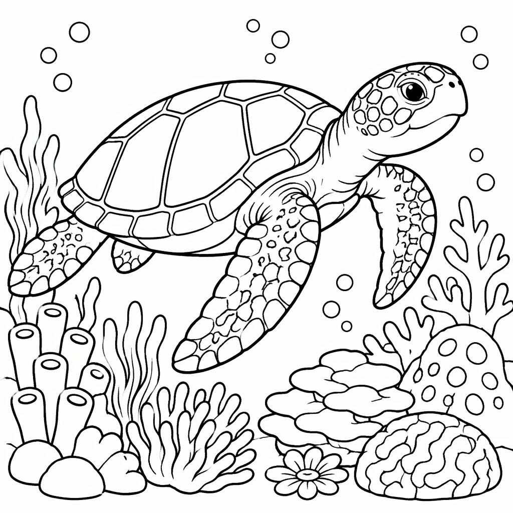 Ilustración para colorear en blanco y negro de una tortuga marina adulta en un arrecife, con líneas gruesas.