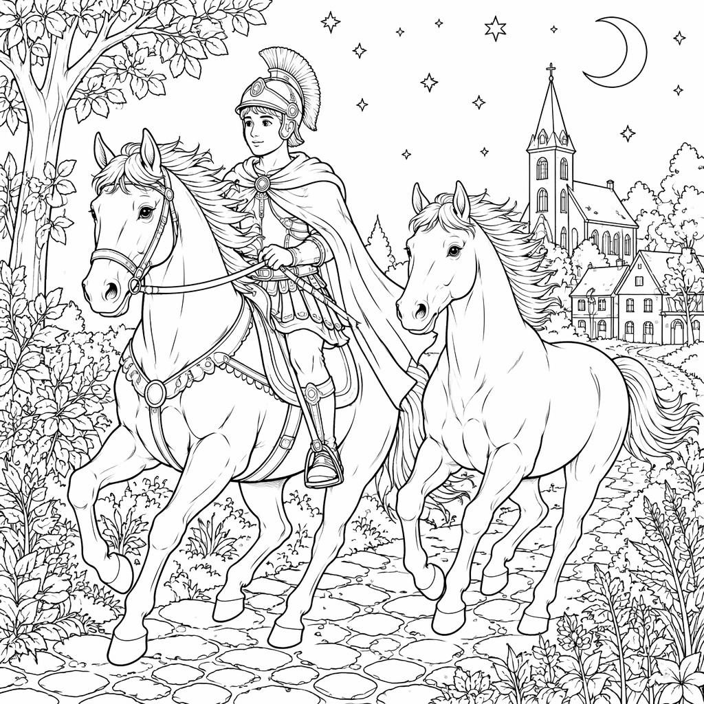 Schwarz-weiße Ausmalbild-Illustration mit mehreren detailliert galoppierenden Pferden in klaren Konturen.