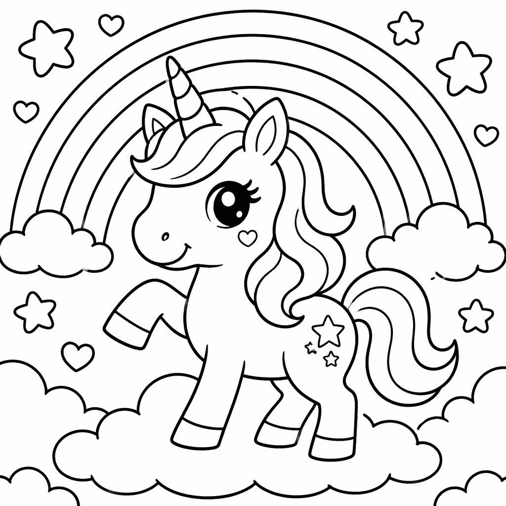 Black-and-white coloring page of a simple unicorn beneath a rainbow, manga-inspired line art for kids.
