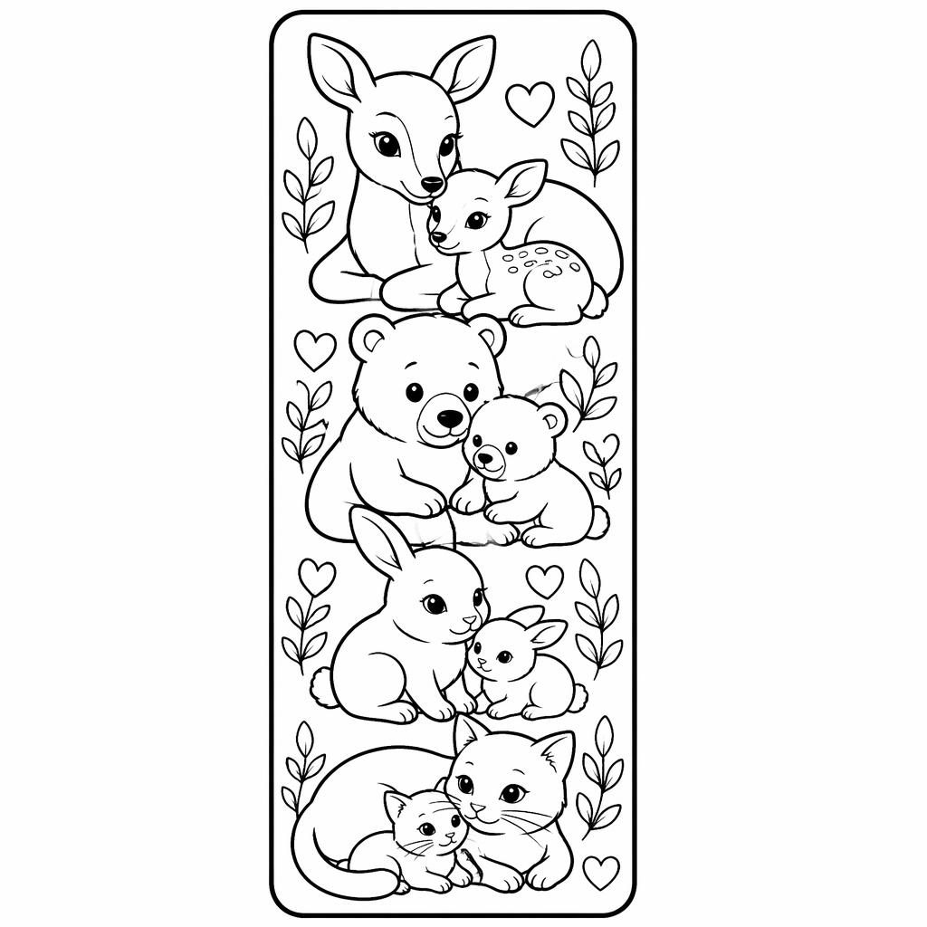 Illustration noir et blanc d’animaux maman et bébé, style coloriage simple pour enfants, contours épais à imprimer.