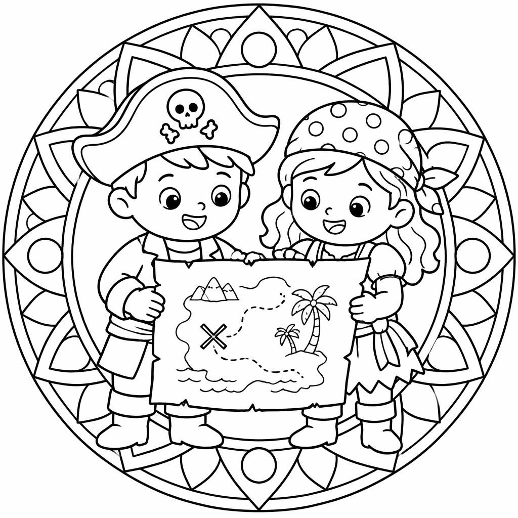 Black-and-white line art of kids dressed as pirates with a treasure map in a simple mandala-style coloring page.