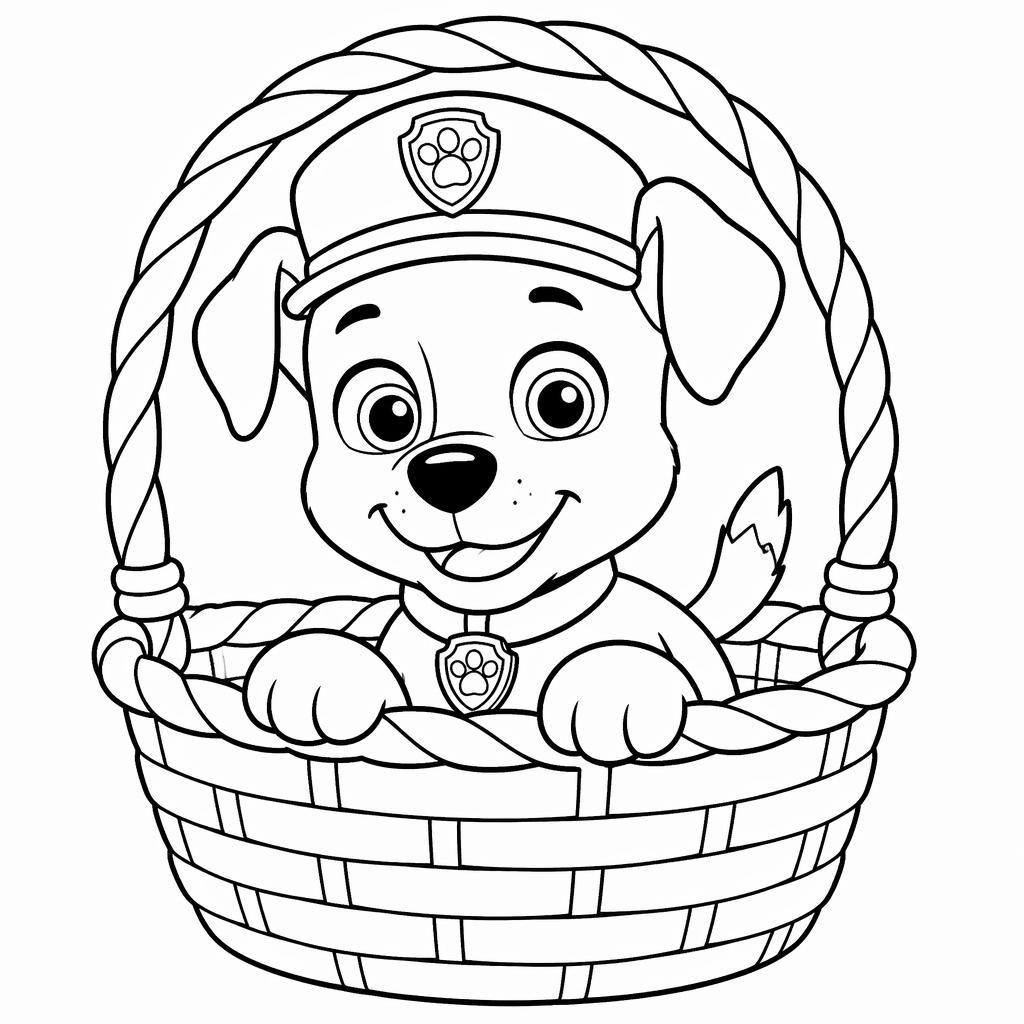 Illustration noir et blanc d’un chiot dans un panier, style coloriage simple pour enfants, contours nets sur fond blanc.