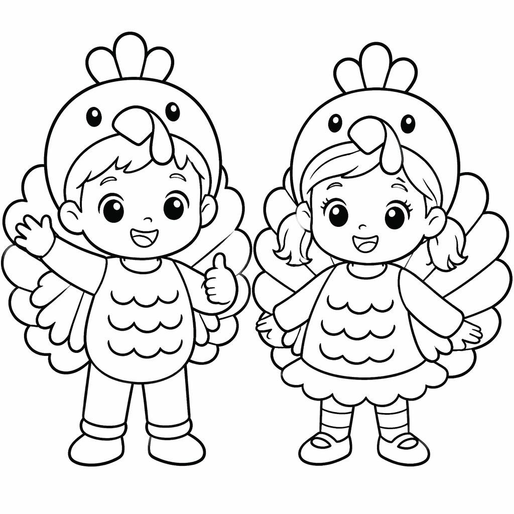 Schwarz-weißes Ausmalbild mit einfachem Truthahn im Manga-Stil für kleine Kinder, mit dicken Konturen und ohne Schattierung.