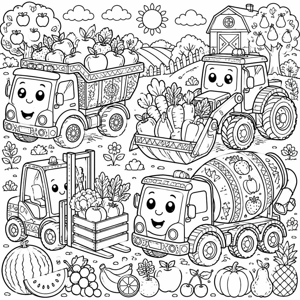 Illustration noir et blanc de camions de chantier mignons pour enfants, en style cartoon détaillé à colorier.
