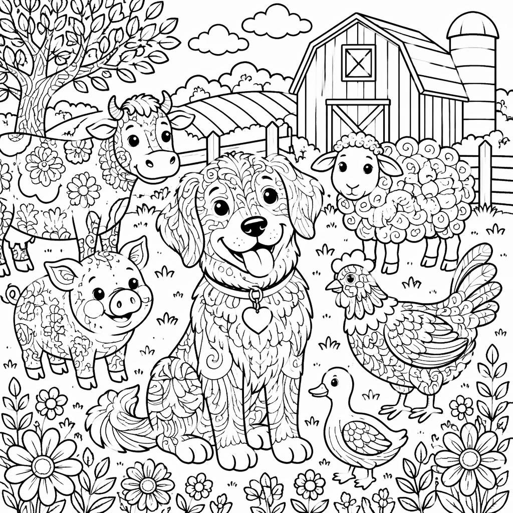 Ilustración para colorear en blanco y negro con un perro y animales de granja en estilo doodle detallado.
