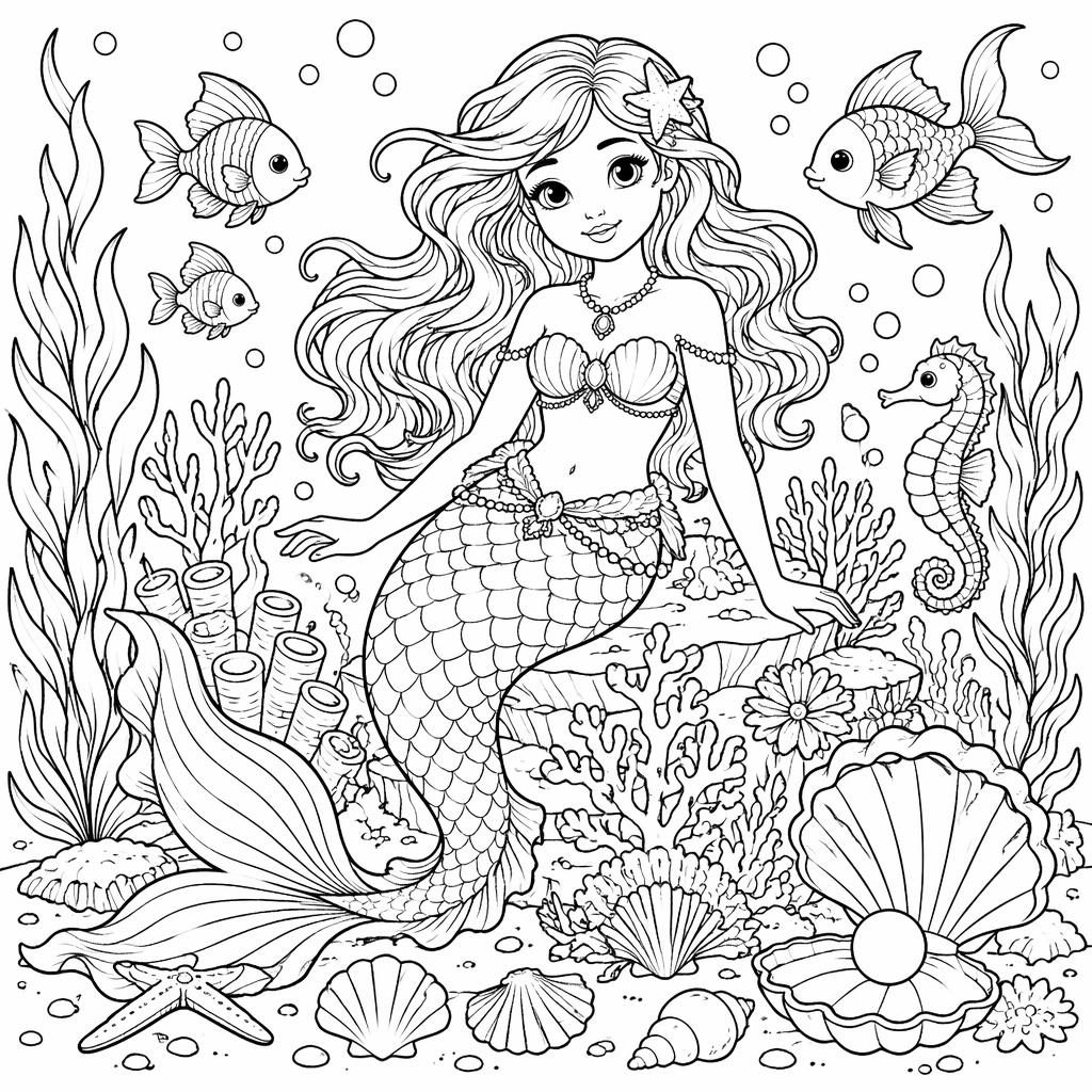 Ilustración para colorear en blanco y negro de una sirena infantil bajo el mar con plantas marinas y formas cerradas.