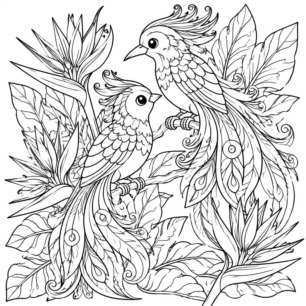 Ilustración para colorear en blanco y negro de aves del paraíso estilo caricatura, con detalles intrincados y contornos limpios.