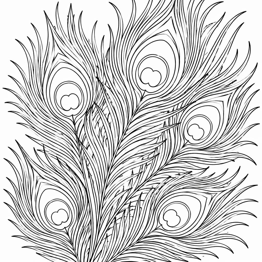 Ilustración para colorear en blanco y negro con plumas de pavo real detalladas, contornos limpios y fondo blanco.