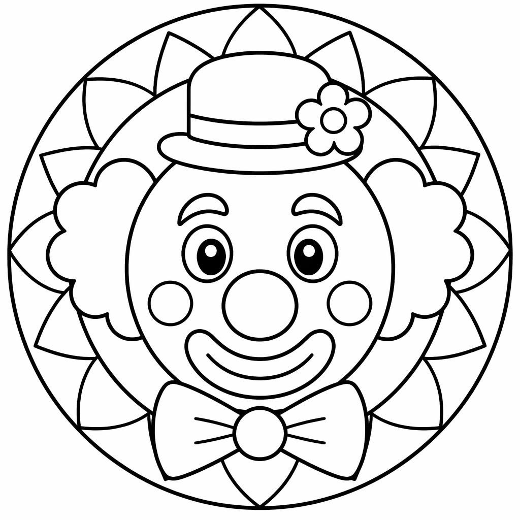 Schwarz-weiße Mandala-Malvorlage mit geometrischem Clown-Gesicht, dicken Linien und einfachen Formen auf weißem Hintergrund.