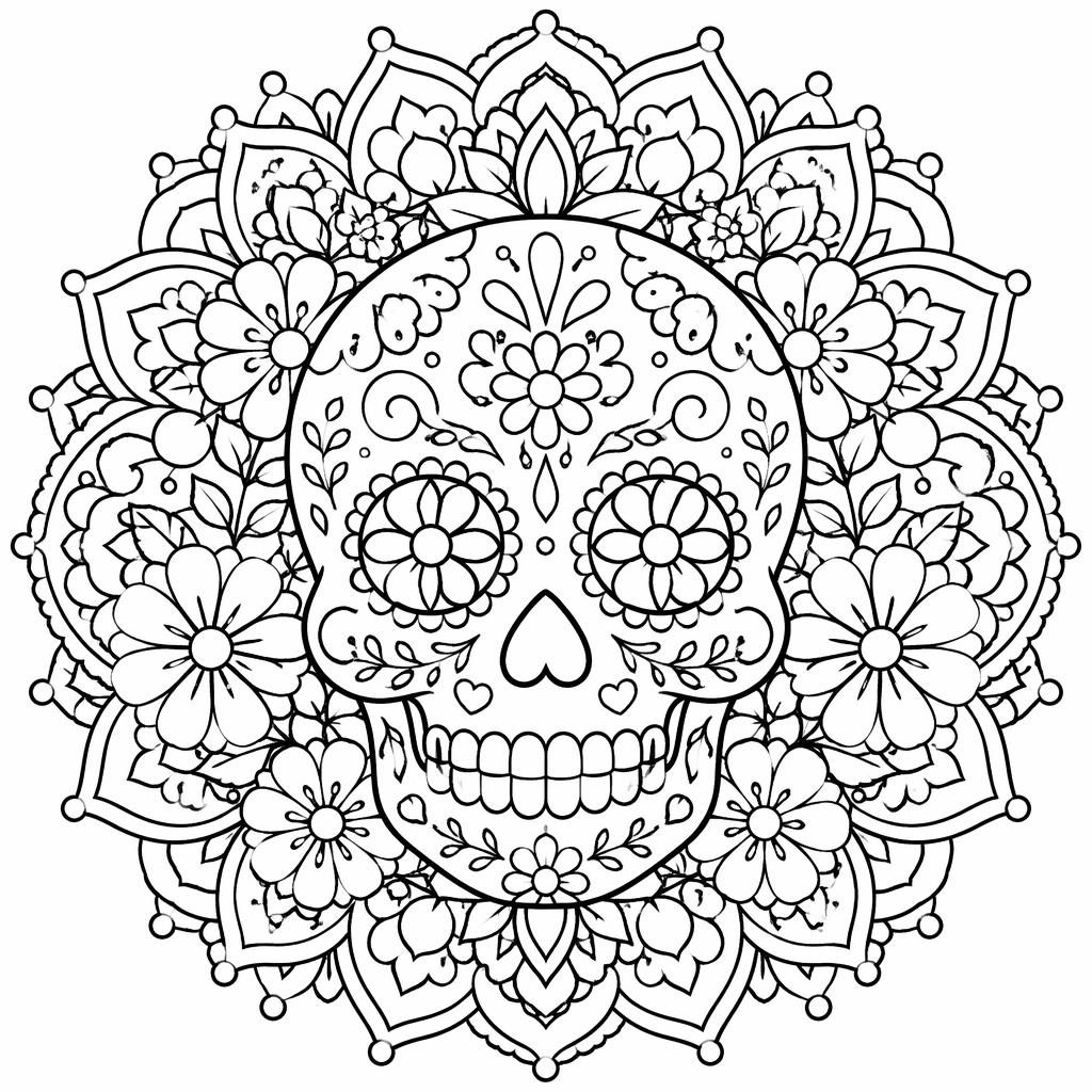 Ilustración en blanco y negro de una calavera de azúcar estilo tierno, con detalles intrincados y contornos limpios.