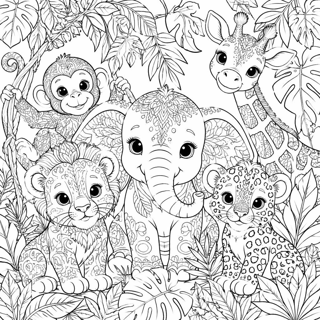 Página para colorear en blanco y negro con animales de la selva y crías, en estilo detallado y realista.