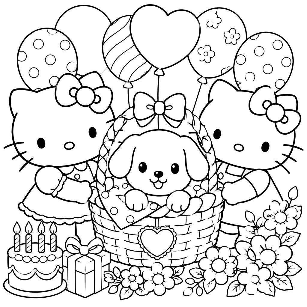 Illustration à colorier en noir et blanc d’un chiot dans un panier avec des enfants, style botanique, contours nets
