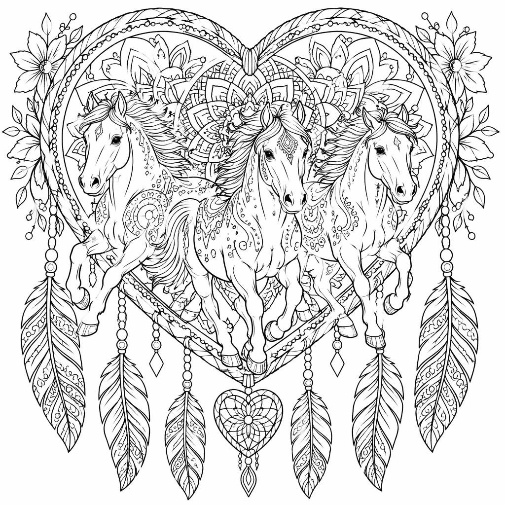Illustration noir et blanc de chevaux courant, très détaillée, style botanique, contours nets pour coloriage