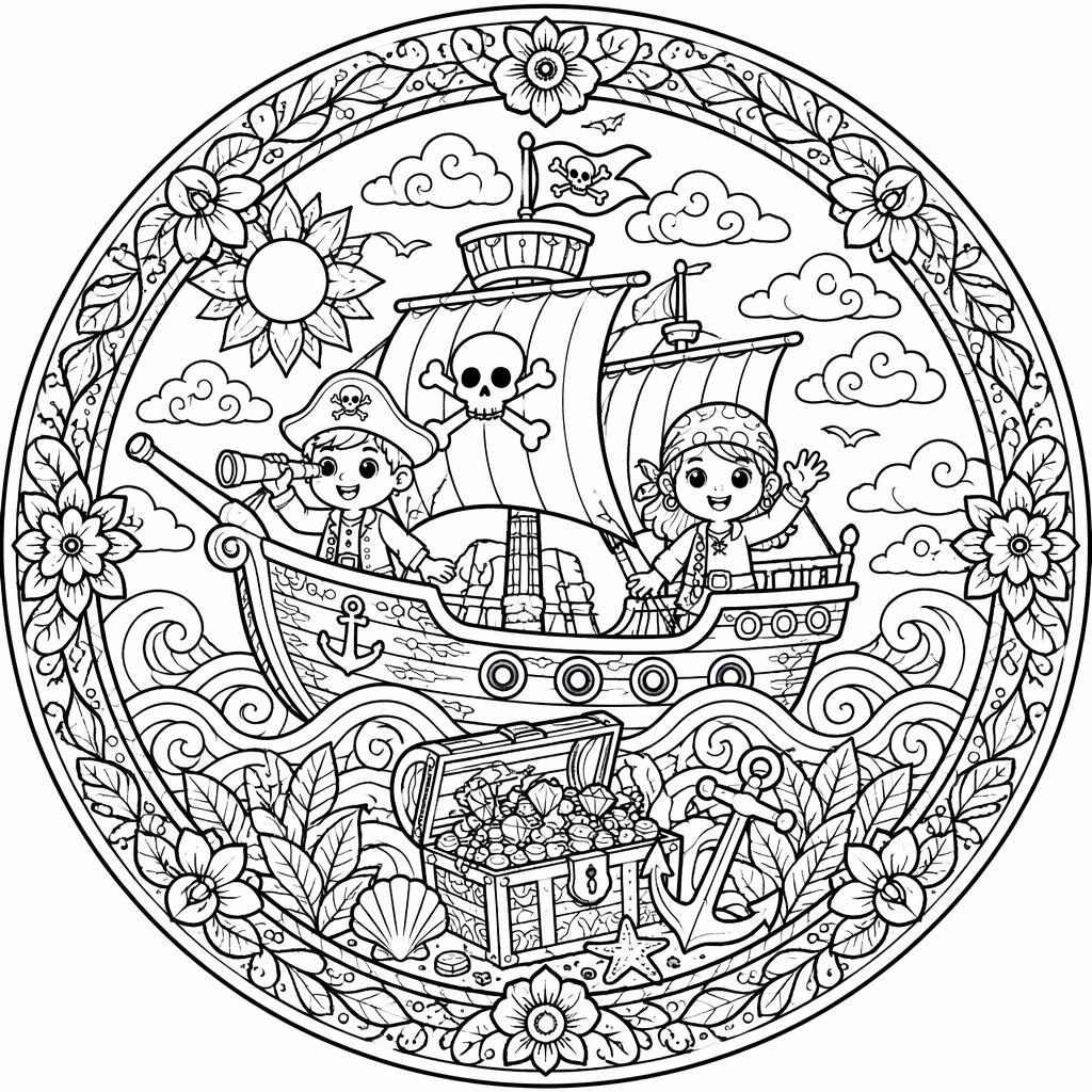 Ilustración para colorear en blanco y negro de un barco pirata con niños y tesoro, con detalles botánicos tipo mandala.