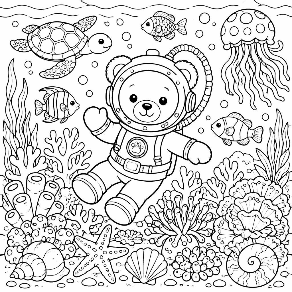 Schwarz-weiße Ausmalseite mit kinderfreundlicher Unterwasserwelt, Fischen, Pflanzen und dicken Linien.