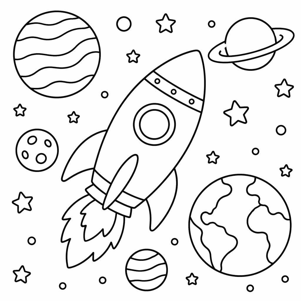 Página para colorear en blanco y negro con un cohete espacial y planetas, líneas gruesas y formas cerradas.