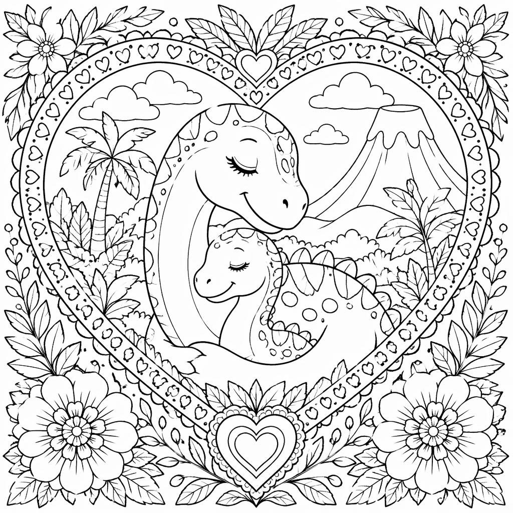 Schwarz-weiße Ausmalseite mit kindlichen Dinosaurier-Szenen, Herzmotiven und floralen Details als klare Line-Art.