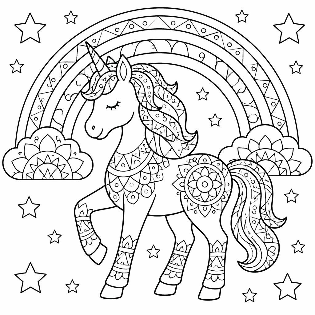 Schwarz-weiße Ausmalseite mit Einhorn, Regenbogen und geometrischen Mandala-Mustern für Kinder