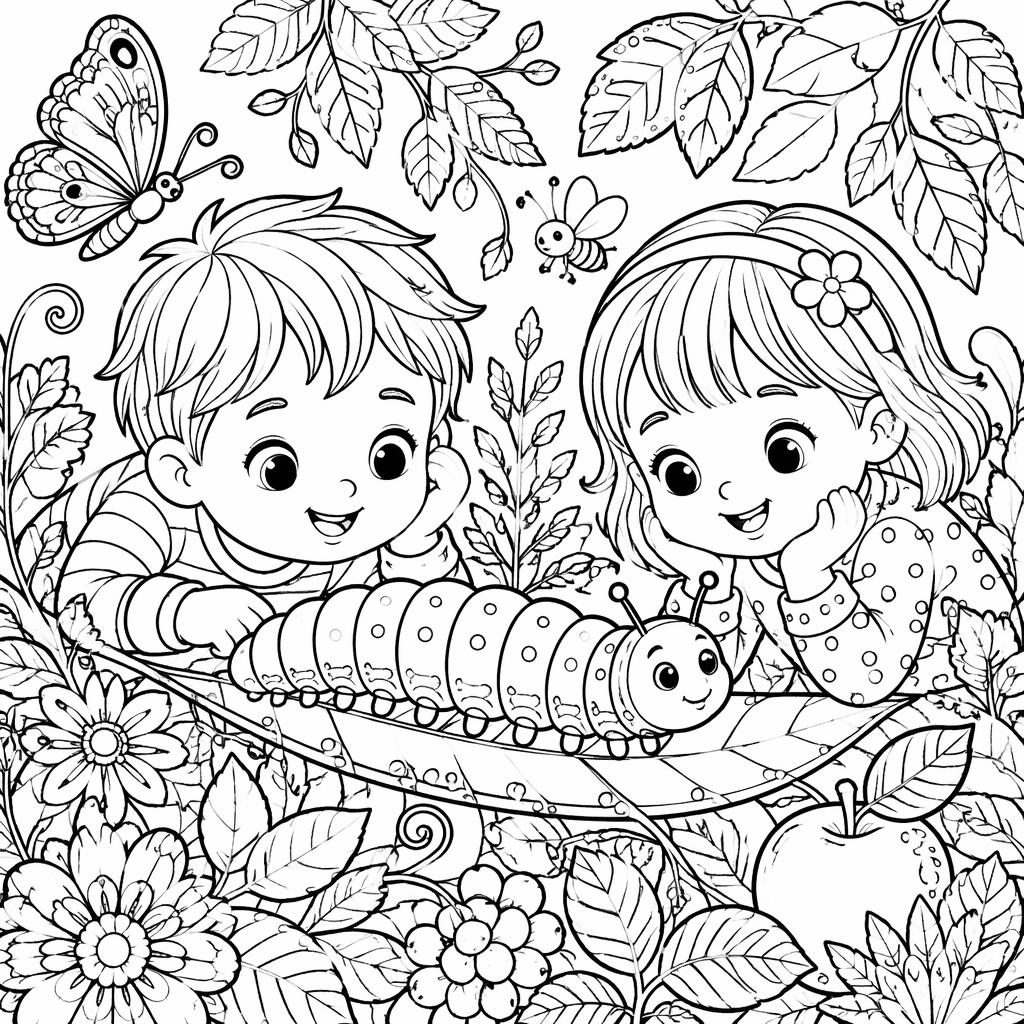 Black-and-white coloring page line art of a playful cat with kids in intricate manga-inspired detail on a white background.