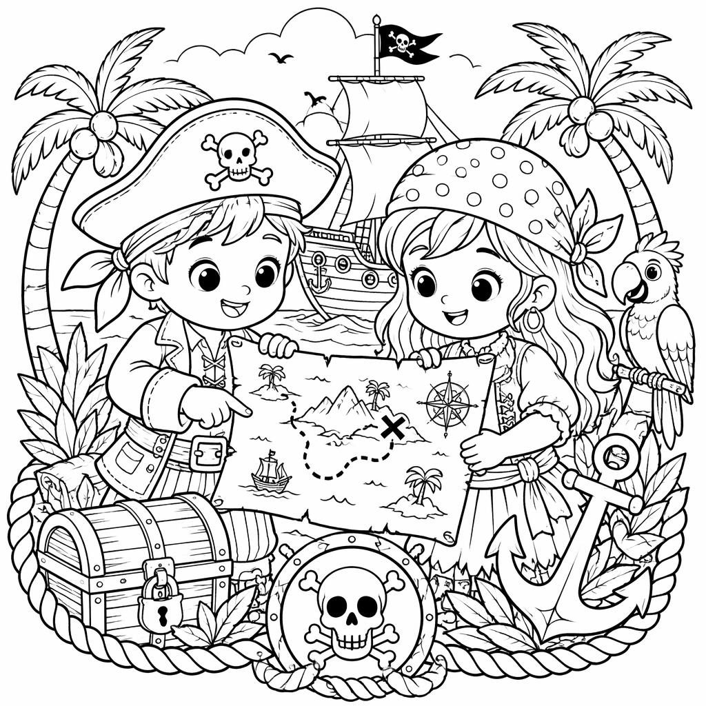 Illustration noir et blanc de pirates enfants avec carte au trésor, style cartoon mignon, contours nets à colorier