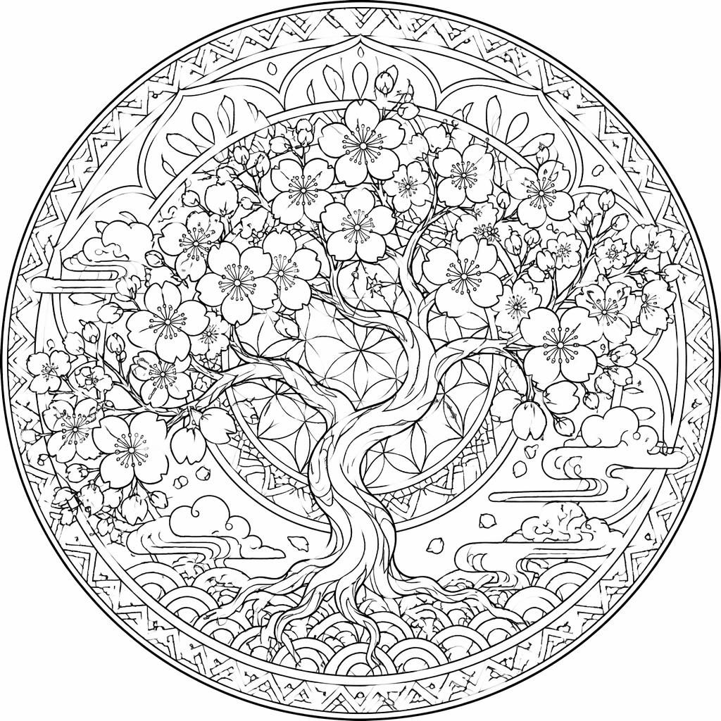 Schwarz-weiße Ausmalvorlage mit japanischen Kirschblüten im Mandala-Stil, feine Linien, druckbar für Erwachsene.