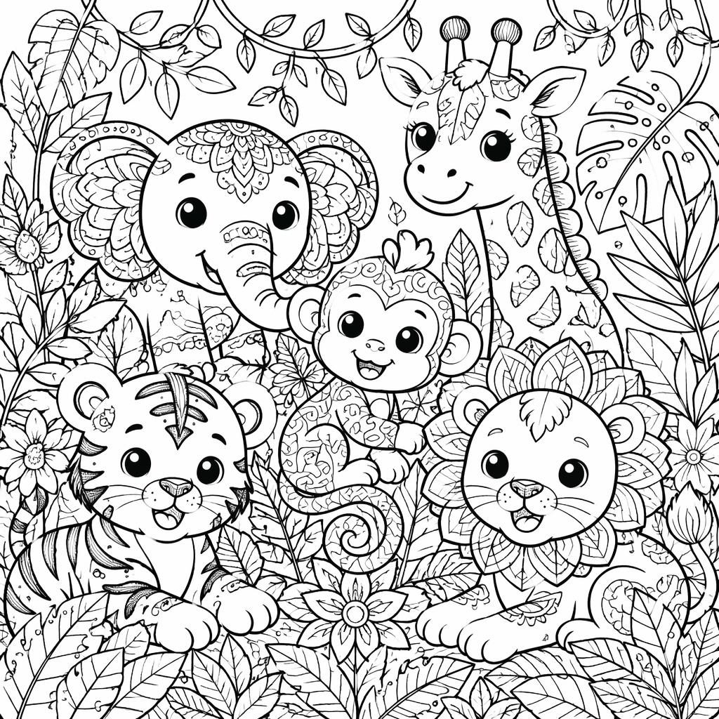 Página para colorear en blanco y negro con animales de la selva para niños, detalles botánicos y estilo mandala.