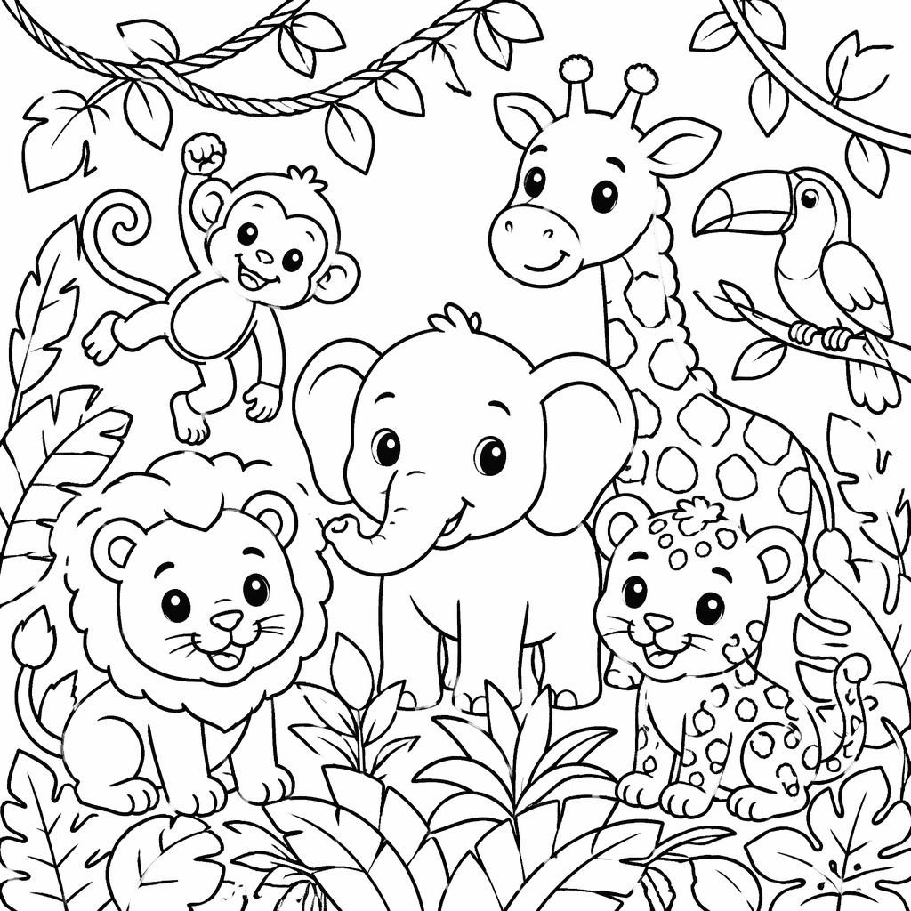 Ilustración para colorear en blanco y negro con animales de la selva para niños, líneas limpias y estilo art nouveau