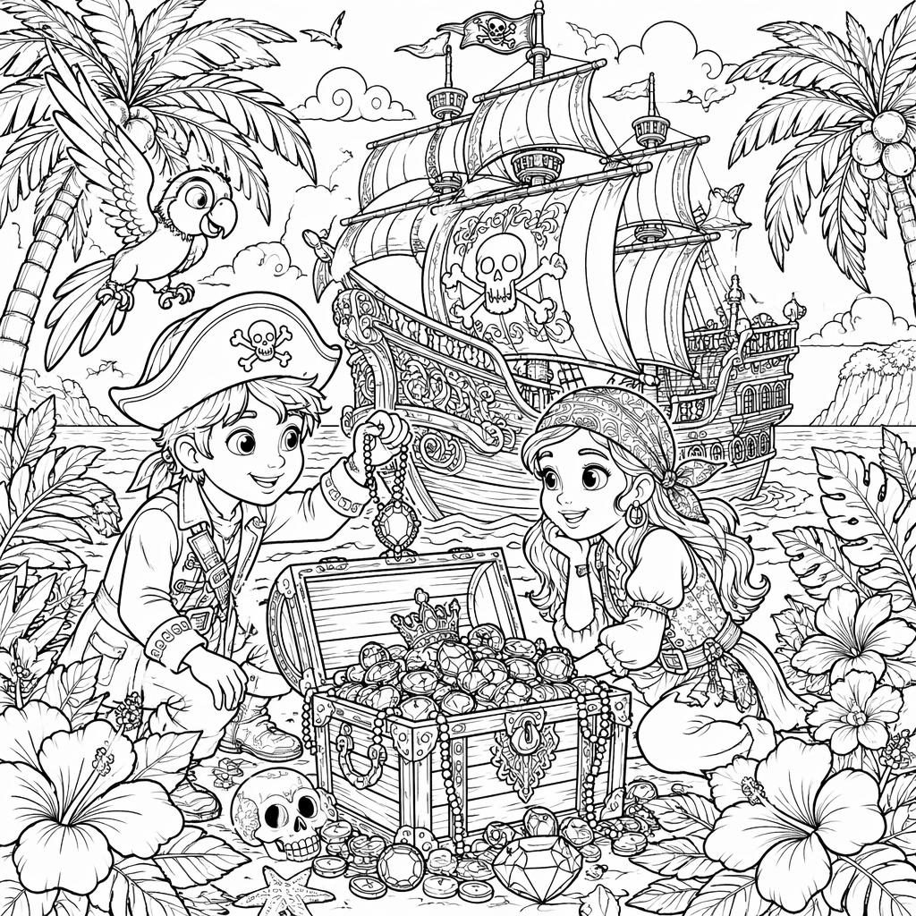 Black-and-white coloring page of kids with a pirate ship and treasure, intricate botanical line art on white.