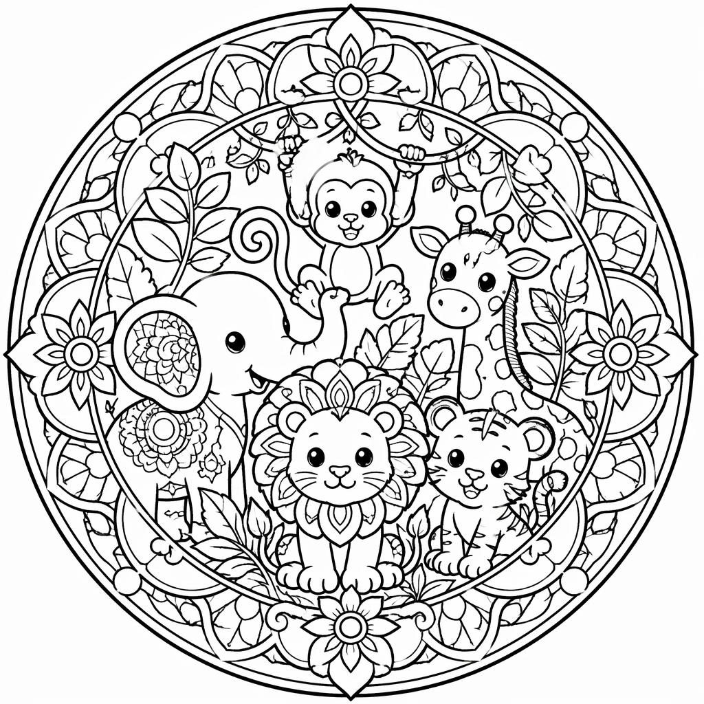 Ilustración para colorear en blanco y negro con animales de la selva para niños, líneas gruesas y detalles tipo mandala.